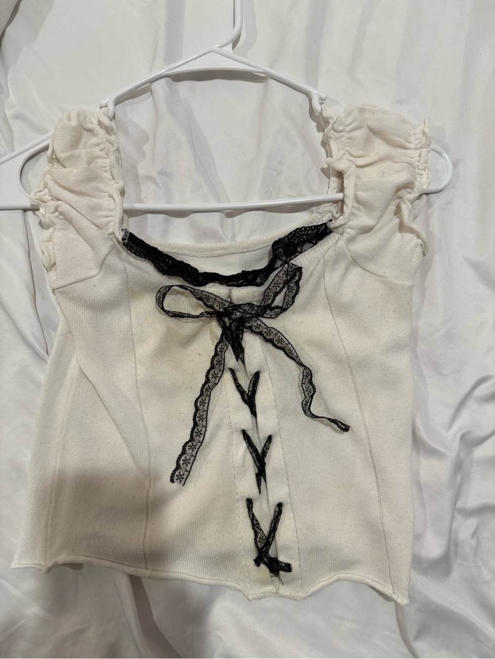 YesStyle Cream Tank Top with Black Lace Tie Detail
